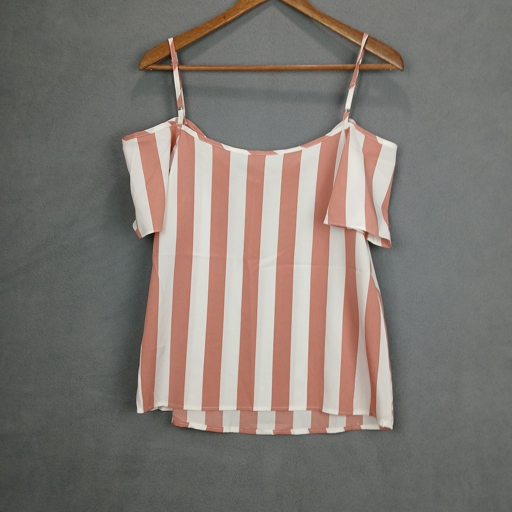 Womens Top 6 Salmon Pink White Stripes Cold Shoulder V Neck Spaghetti Strap